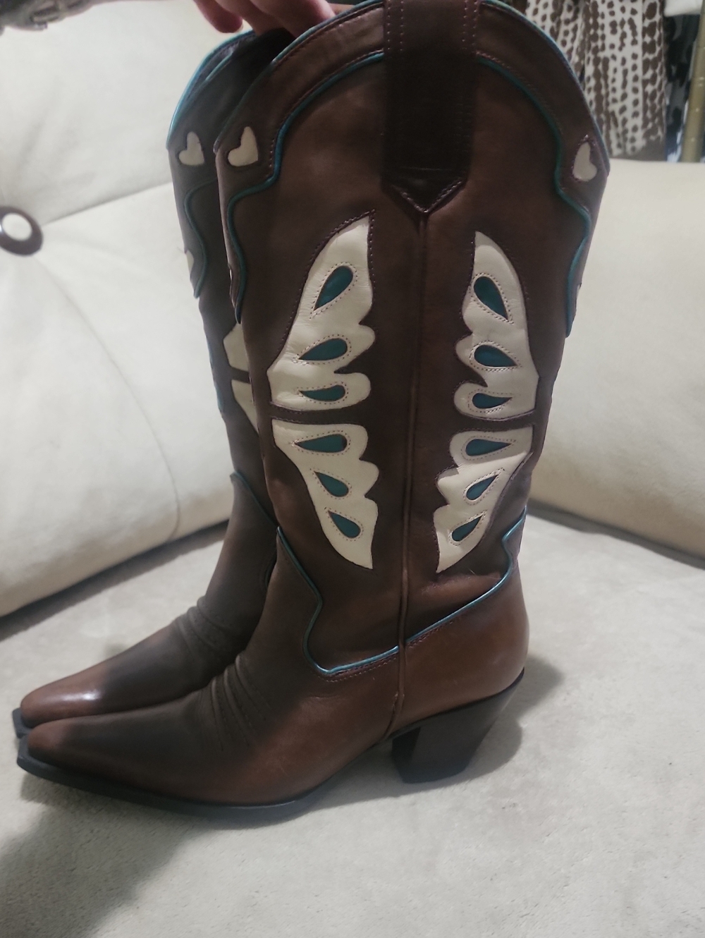Vintage Nine West Brown Leather Butterfly Western Boots with Cream Teal Accents. - Picture 4 of 12